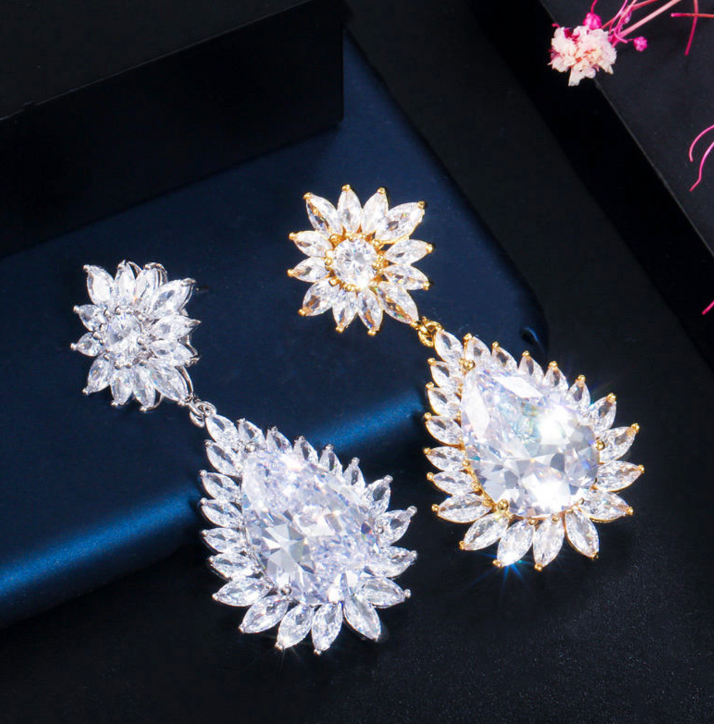 White Gold-Plated CZ Bridal Statement Earrings for Women