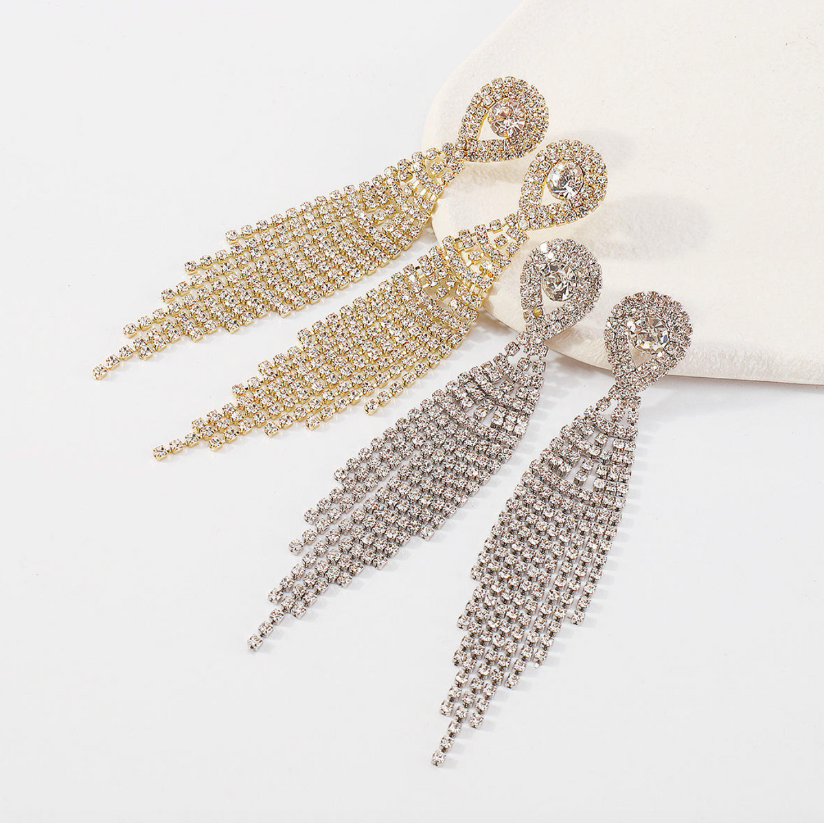 Gold Rhinestone Crystal Long Tassel Earrings for Women