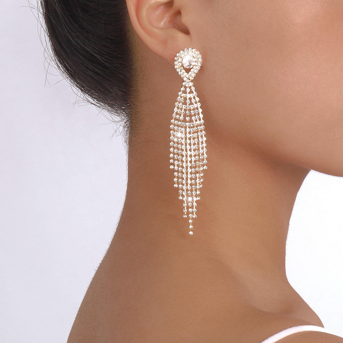Gold Rhinestone Crystal Long Tassel Earrings for Women