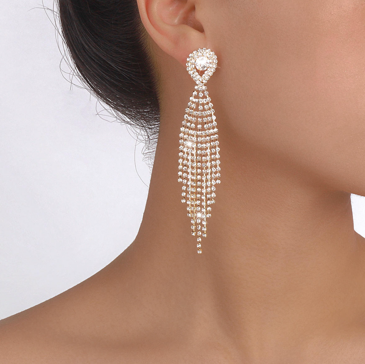 Gold Rhinestone Crystal Long Tassel Earrings for Women