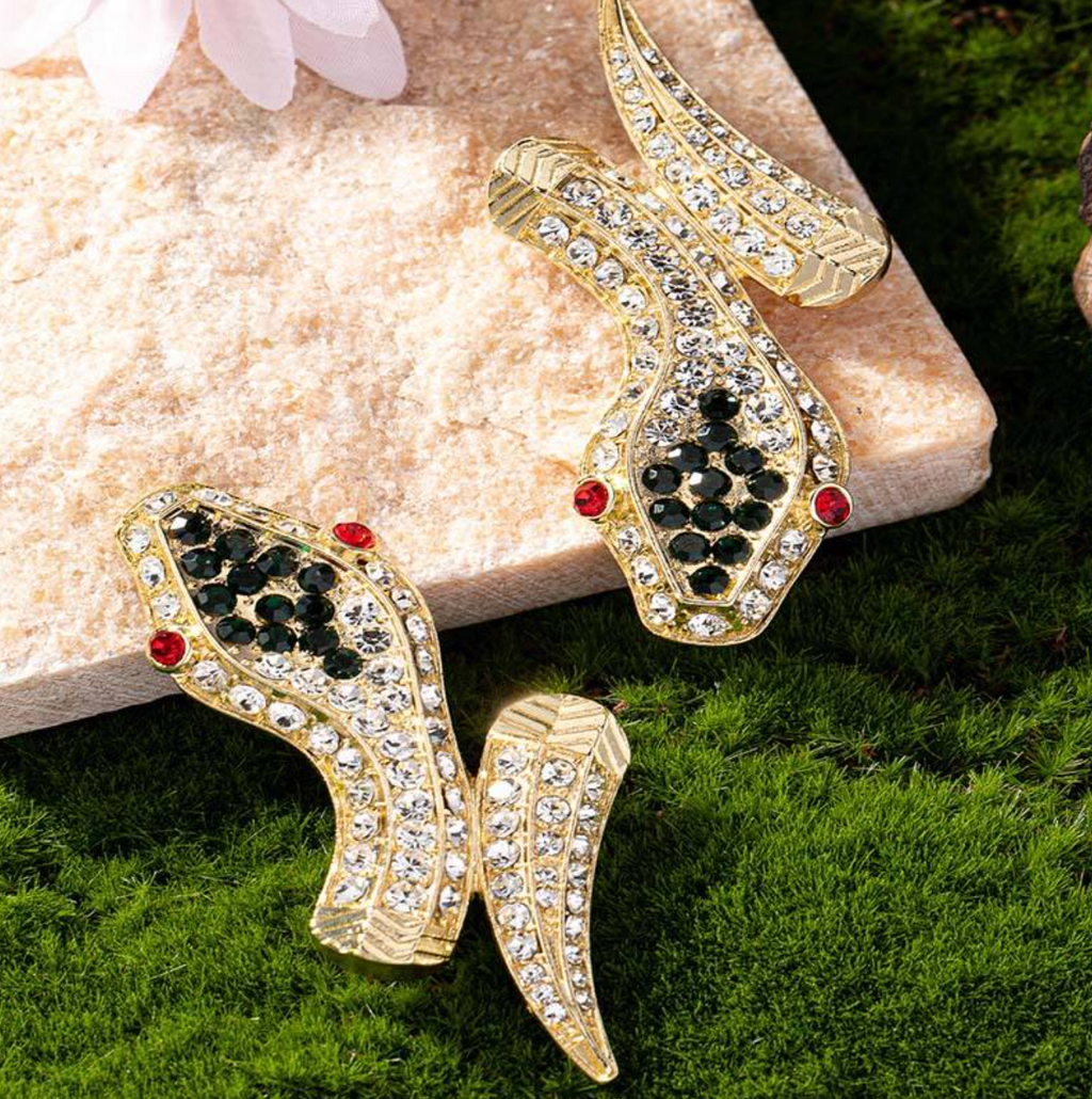 Luxury 18K Gold Plated Snake Dangle Earrings with Ruby & Emerald Eyes
