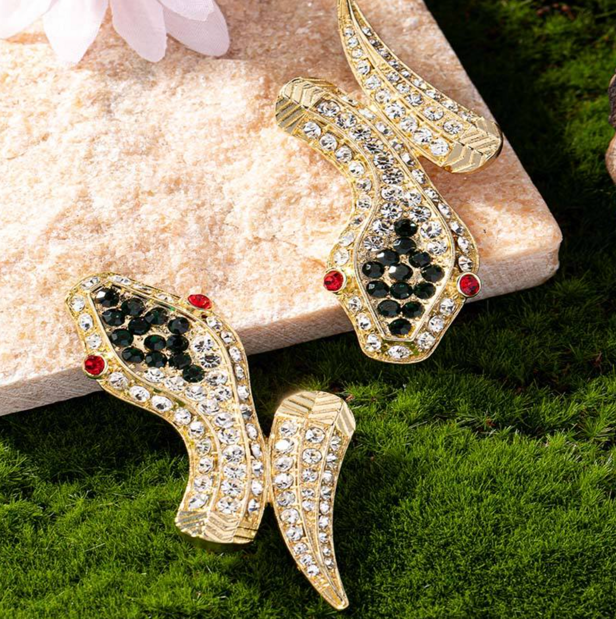Luxury 18K Gold Plated Snake Dangle Earrings with Ruby & Emerald Eyes