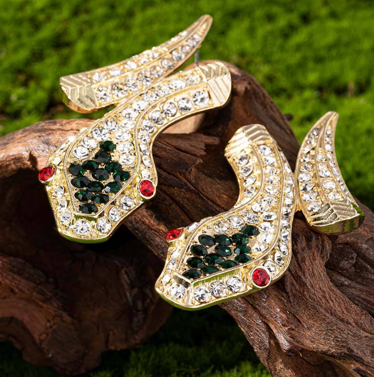 Luxury 18K Gold Plated Snake Dangle Earrings with Ruby & Emerald Eyes