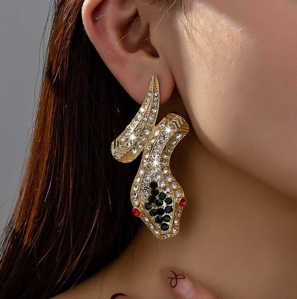 Luxury 18K Gold Plated Snake Dangle Earrings with Ruby & Emerald Eyes